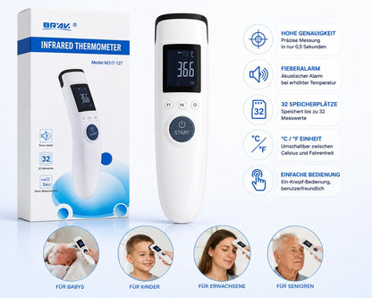 BRAV Infrarot Thermometer Kontaktlos – Fieberthermometer für Stirn & Objekte – Digitales Temperaturmessgerät mit LCD Display, Fieberalarm, Speicherfunktion & °C/°F Umschaltung – IT-127