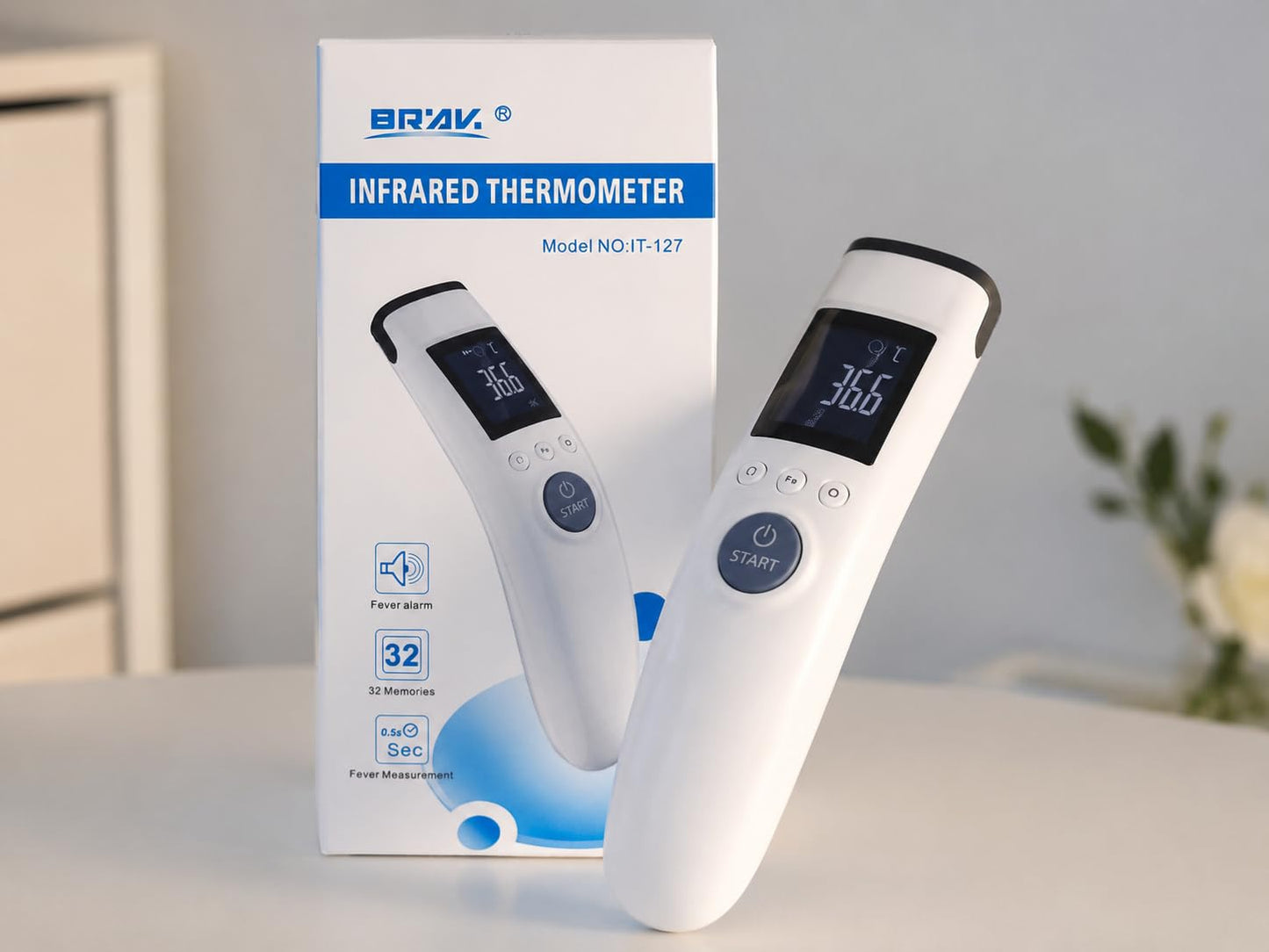BRAV Infrarot Thermometer Kontaktlos – Fieberthermometer für Stirn & Objekte – Digitales Temperaturmessgerät mit LCD Display, Fieberalarm, Speicherfunktion & °C/°F Umschaltung – IT-127