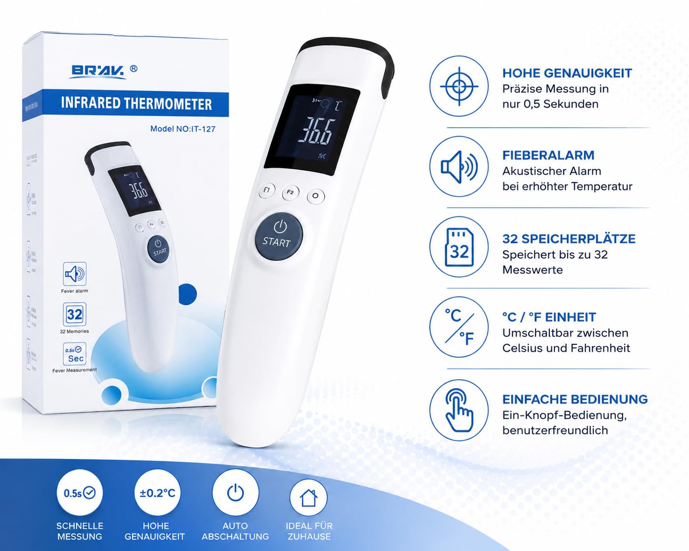 BRAV Infrarot Thermometer Kontaktlos – Fieberthermometer für Stirn & Objekte – Digitales Temperaturmessgerät mit LCD Display, Fieberalarm, Speicherfunktion & °C/°F Umschaltung – IT-127