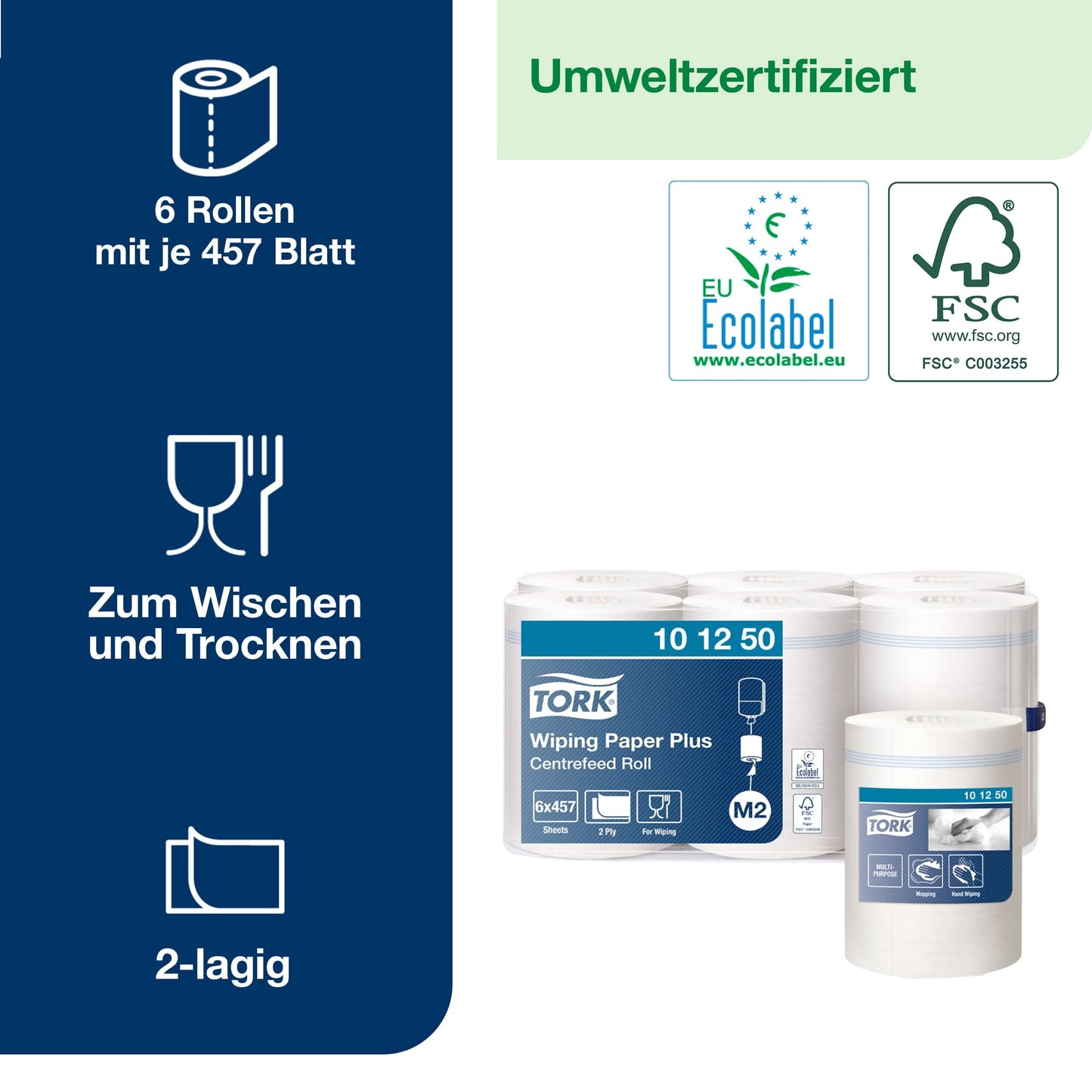 Tork 101250 Mehrzweck Wischtücher M2 Innenabrollung weiß – 6x457 Blatt
