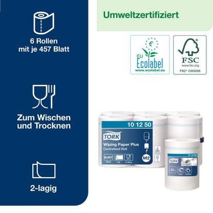 Tork 101250 Mehrzweck Wischtücher M2 Innenabrollung weiß – 6x457 Blatt