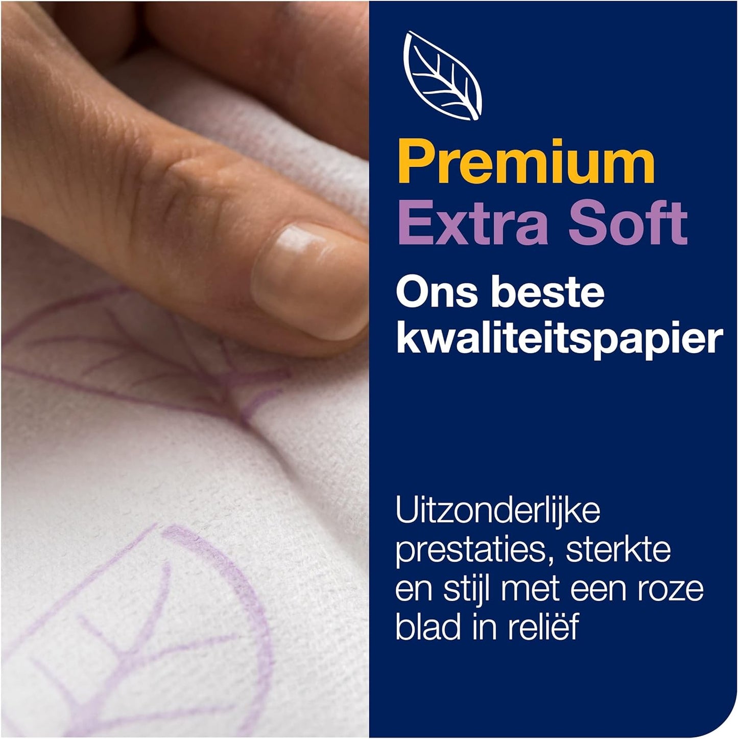 Hand holding paper with a leaf design, next to text about premium soft paper quality.