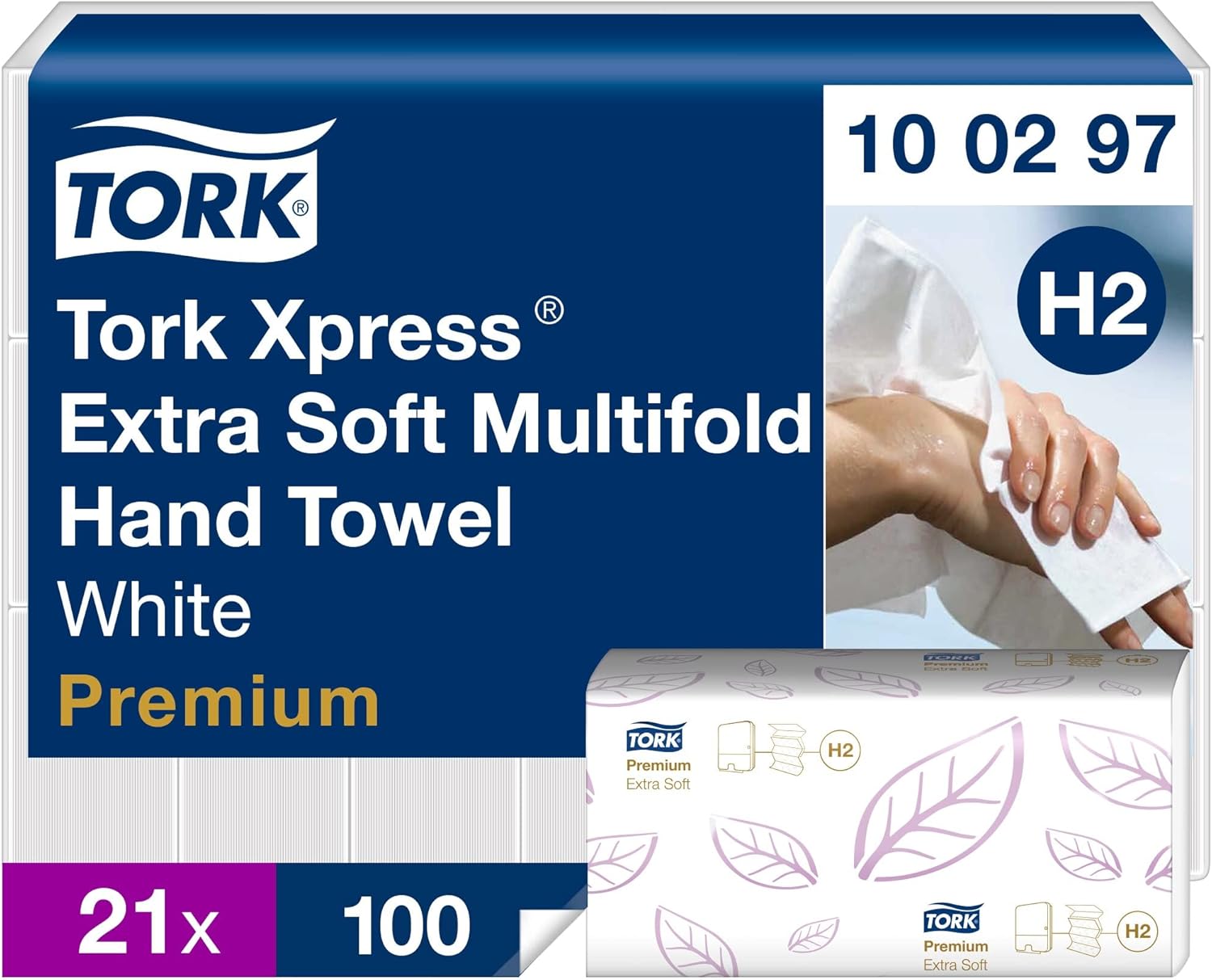 Tork Xpress Extra Soft Multifold Hand Towel packaging with Tork logo and product details.