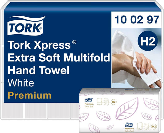 Tork Xpress Extra Soft Multifold Hand Towel packaging with Tork logo and product details.
