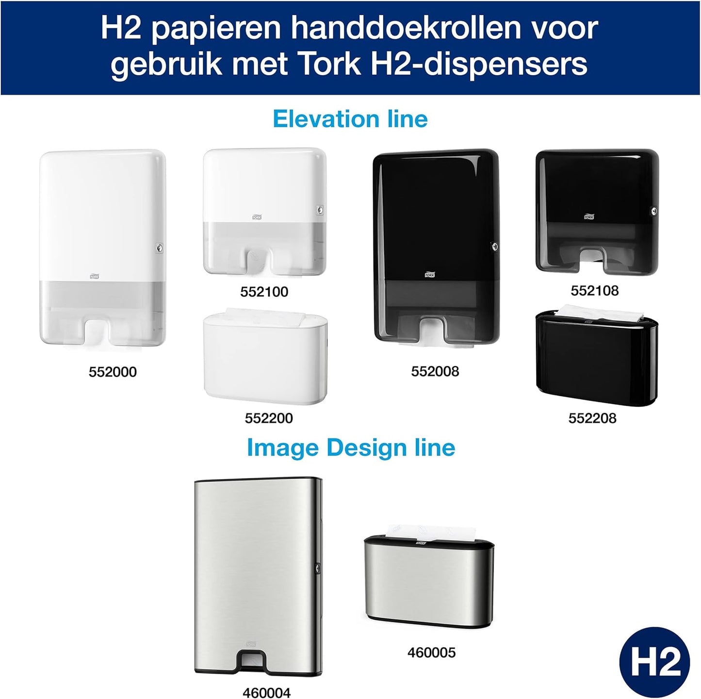 Collection of Tork H2 dispenser models with product numbers on a white background.