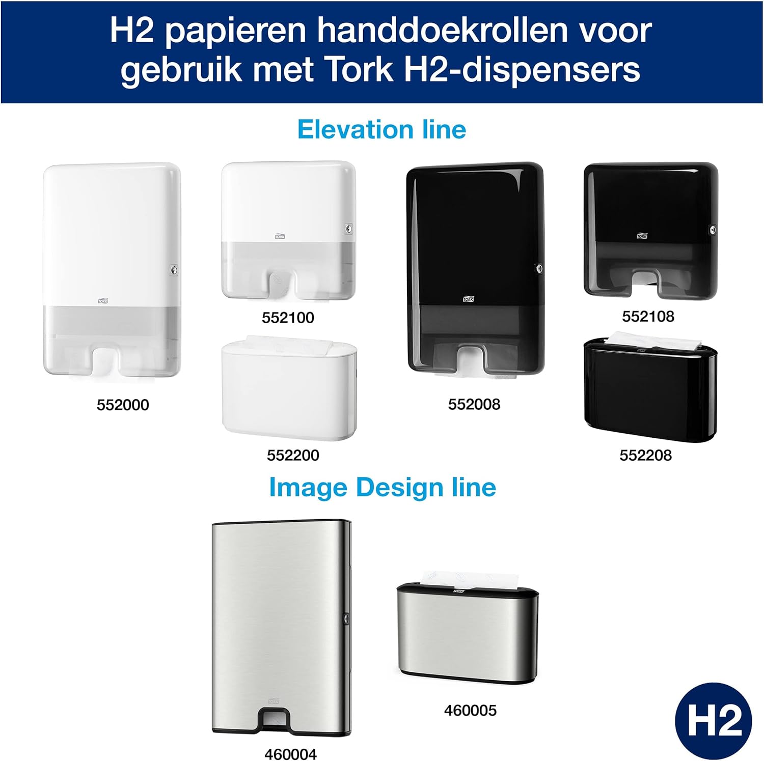 Collection of Tork H2 dispenser models with product numbers on a white background.