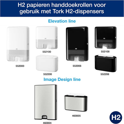 Collection of Tork H2 dispenser models with product numbers on a white background.