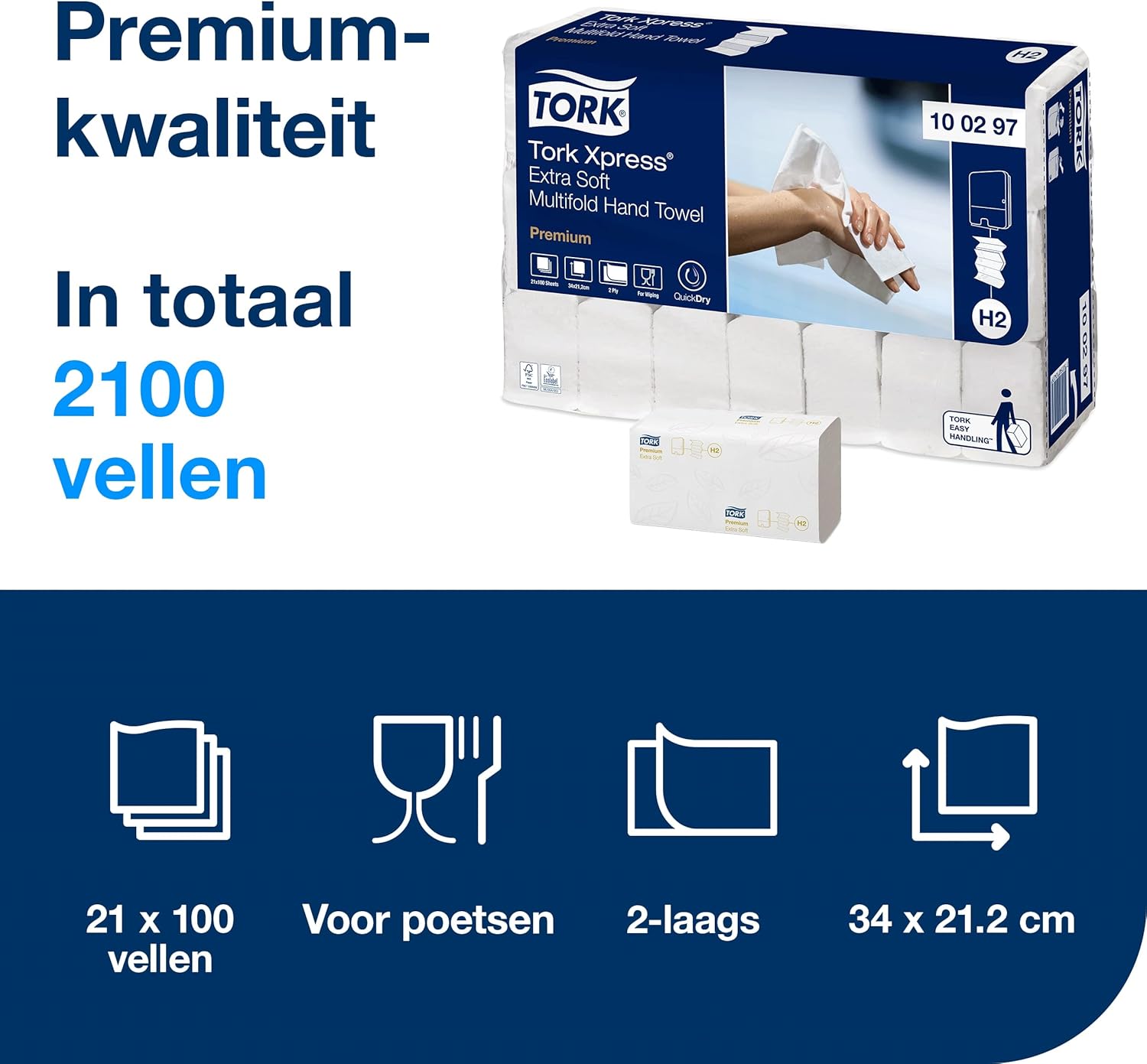 Tork xpress hand towel packaging with product details on a blue background