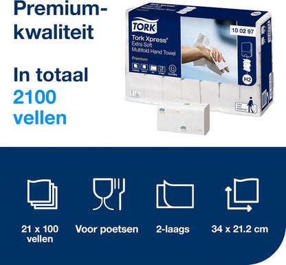 Tork xpress hand towel packaging with product details on a blue background