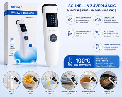 BRAV Infrarot Thermometer Kontaktlos – Fieberthermometer für Stirn & Objekte – Digitales Temperaturmessgerät mit LCD Display, Fieberalarm, Speicherfunktion & °C/°F Umschaltung – IT-127