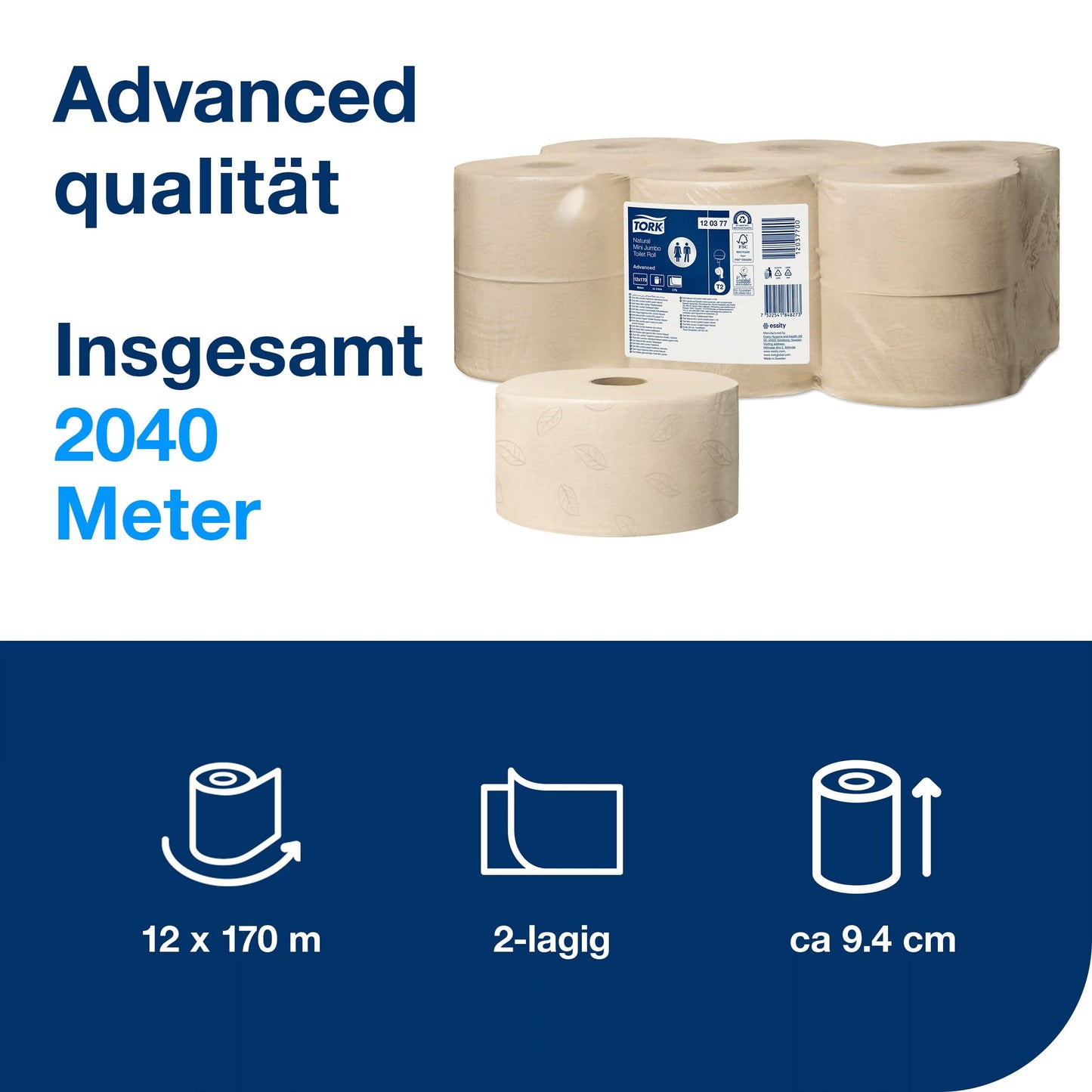 Tork 120280 Mini Jumbo Toilettenpapier 2-lagig – 12x850 Blatt T2-System
