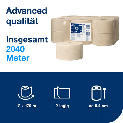 Tork 120280 Mini Jumbo Toilettenpapier 2-lagig – 12x850 Blatt T2-System