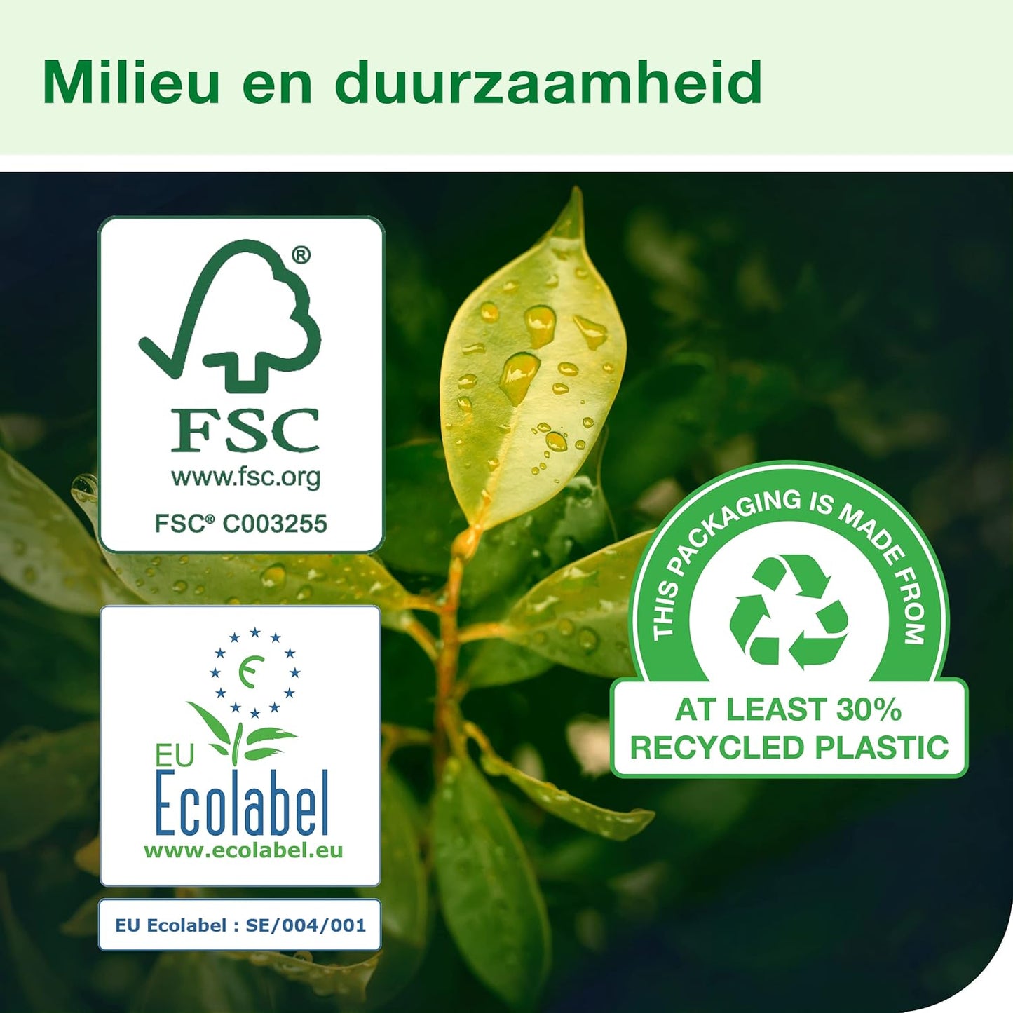 Environmental and sustainability labels on a green leaf background
