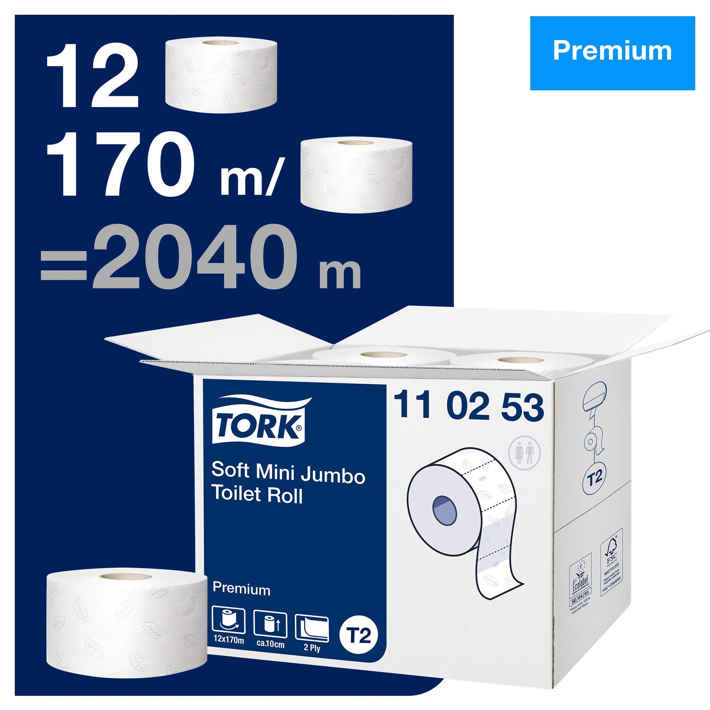Tork 120280 Mini Jumbo Toilettenpapier 2-lagig – 12x850 Blatt T2-System
