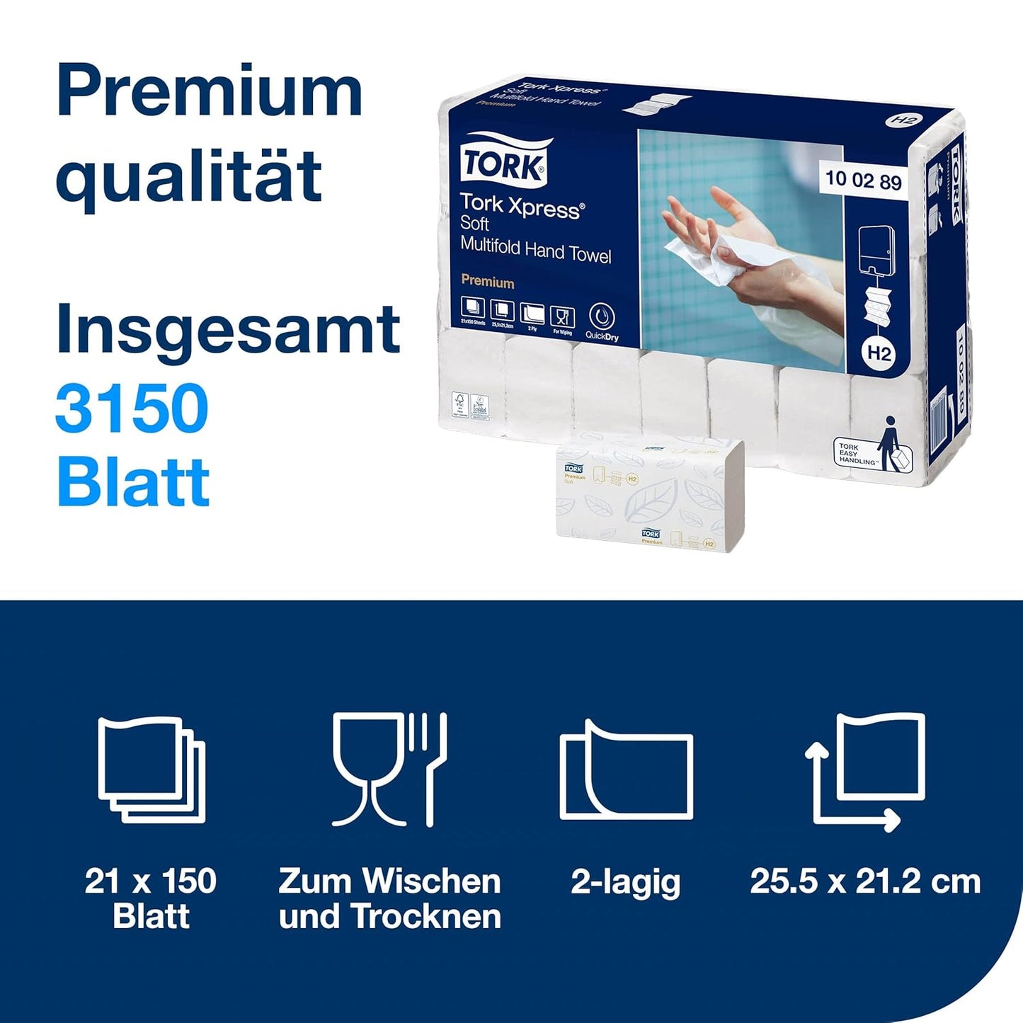 Tork 100289 Xpress Multifold Handtücher Premium 2-lagig – 21x150 H2