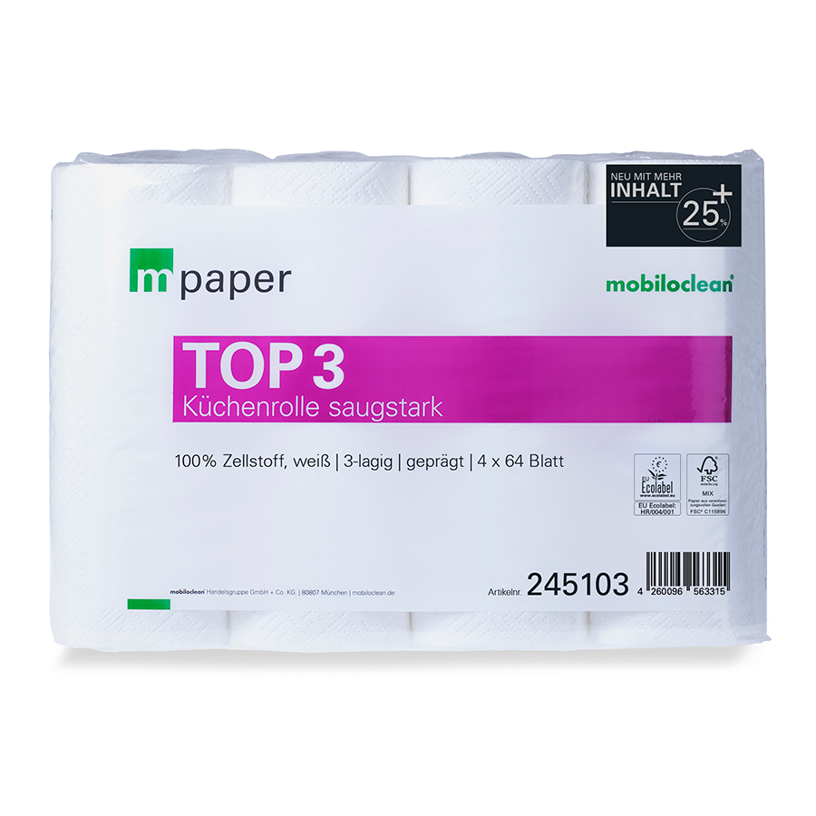 mpaper Top³ Küchenrolle 3-lagig hochweiß 26x21,5cm 64 Blatt