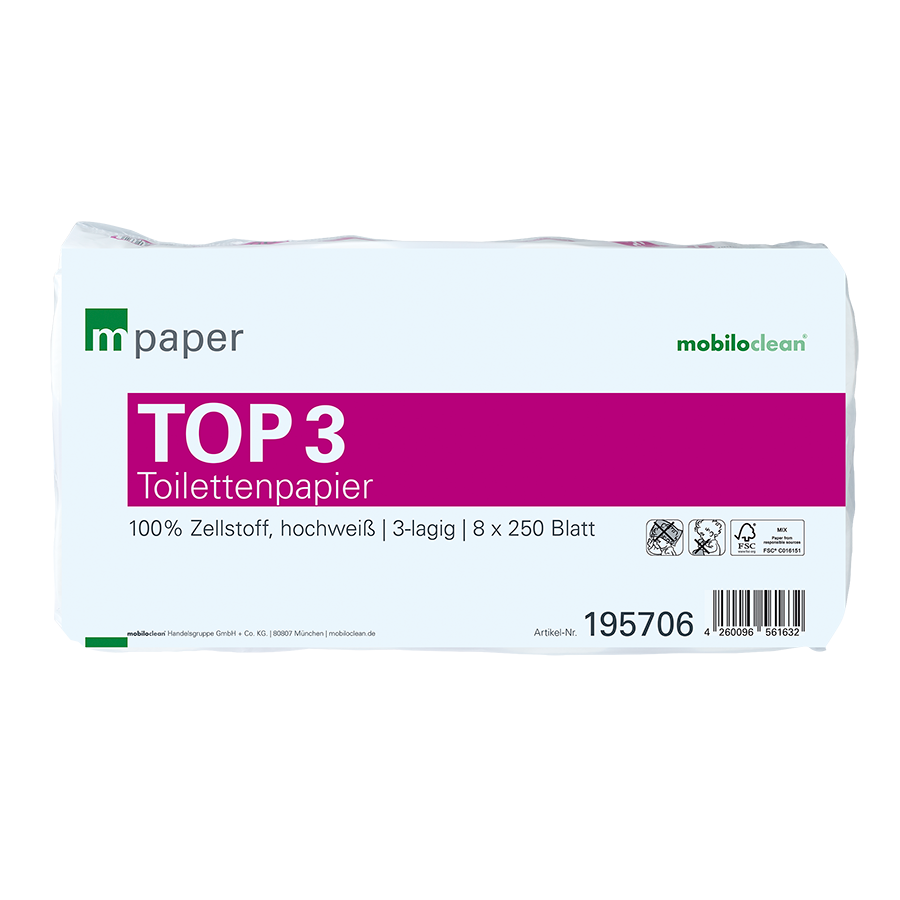 mpaper Top³ Toilettenpapier 9,5 x 11 cm 3-lagig 72 Rollen 250 Blatt