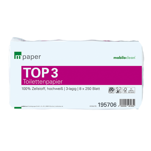 mpaper Top³ Toilettenpapier 3-lagig hochweiß 72 Rollen 250 Blatt PEFC